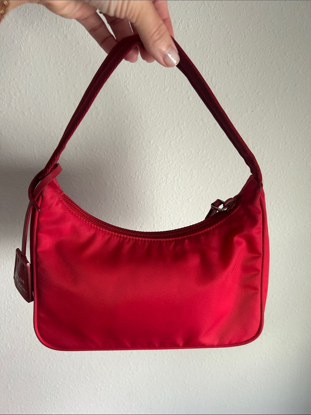 Prada Red Nylon Shoulder Bag with Logo Tag - Picture 10 of 12